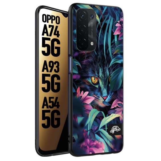 CUSTOMIZZA - Custodia cover nera morbida in tpu compatibile per Oppo A74 5G - A93 5G - A54 5G animali color giungla tropicale occhio di gatto colori vibranti disegnato