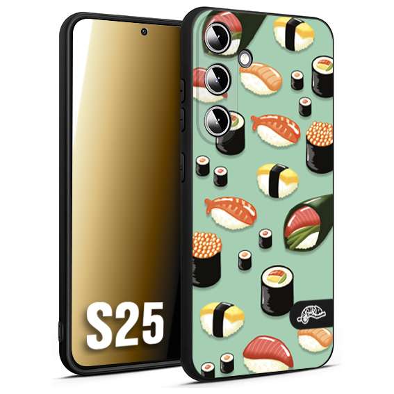 CUSTOMIZZA - Custodia cover nera morbida in tpu compatibile per Samsung S25 sushi disegni giapponese nighiri acquamarina verde