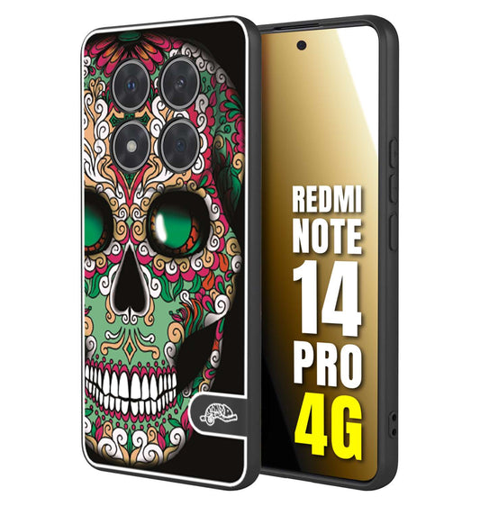 CUSTOMIZZA - Custodia cover nera morbida in tpu compatibile per Xiaomi Redmi Note 14 PRO 4G teschio messicano Mexican skull verde fucsia