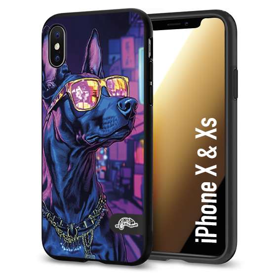 CUSTOMIZZA - Custodia cover nera morbida in tpu compatibile per iPhone X - Xs animali cyberpunk dobermann cane street dog fucsia blu night