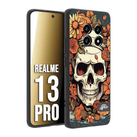 CUSTOMIZZA - Custodia cover nera morbida in tpu compatibile per Realme 13 PRO teschio skull flowers fiori tattoo disegnato alta definizione