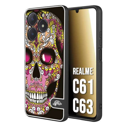 CUSTOMIZZA - Custodia cover nera morbida in tpu compatibile per Realme C61 - C63 teschio messicano Mexican skull rosa gialla