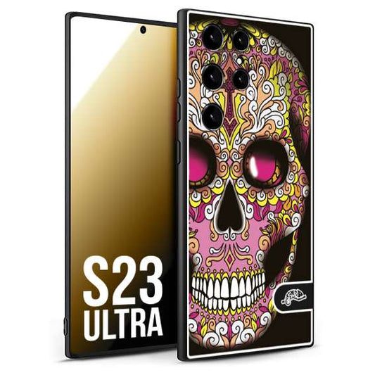 CUSTOMIZZA - Custodia cover nera morbida in tpu compatibile per Samsung S23 ULTRA teschio messicano Mexican skull rosa gialla