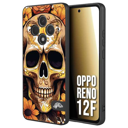 CUSTOMIZZA - Custodia cover nera morbida in tpu compatibile per Oppo Reno 12F teschio messicano colorato dorato fiori tattoo disegnato