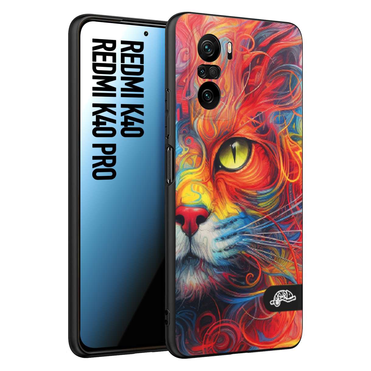 CUSTOMIZZA - Custodia cover nera morbida in tpu compatibile per Xiaomi Redmi K40 - K40 Pro animali color cat gatto viso colori vibranti disegnato schizzo