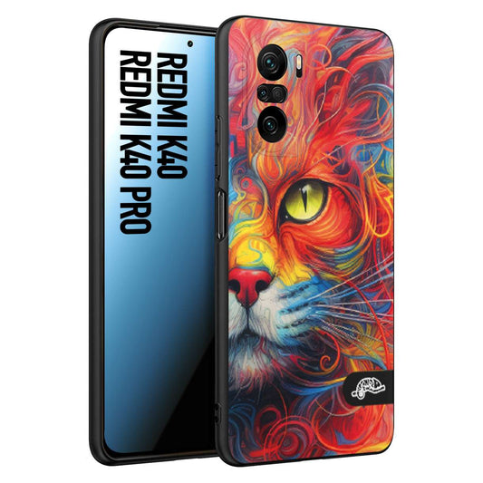 CUSTOMIZZA - Custodia cover nera morbida in tpu compatibile per Xiaomi Redmi K40 - K40 Pro animali color cat gatto viso colori vibranti disegnato schizzo