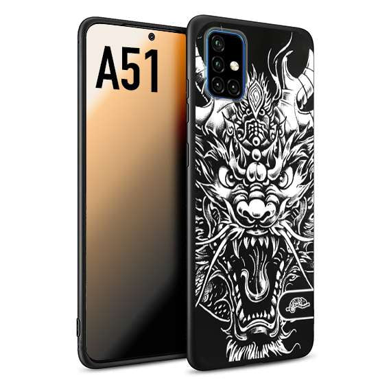 CUSTOMIZZA - Custodia cover nera morbida in tpu compatibile per Samsung A51 drago black and white bianco a rilievo disegnato tattoo tatuaggio