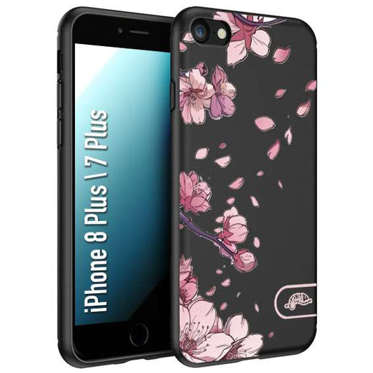 CUSTOMIZZA - Custodia cover nera morbida in tpu compatibile per iPhone 7 Plus - 8 plus giapponese fiori di ciliegio in fiore a rilievo disegnata tattoo