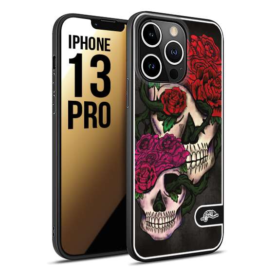 CUSTOMIZZA - Custodia cover nera morbida in tpu compatibile per iPhone 13 PRO teschi e rose rosse fucsia skull and roses