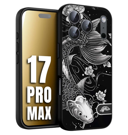 CUSTOMIZZA - Custodia cover nera morbida in tpu compatibile per iPhone 17 PRO MAX carpa koi black and white bianco a rilievo disegnato tattoo tatuaggio