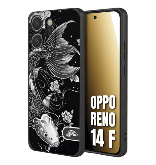 CUSTOMIZZA - Custodia cover nera morbida in tpu compatibile per Oppo Reno 14 F carpa koi black and white bianco a rilievo disegnato tattoo tatuaggio