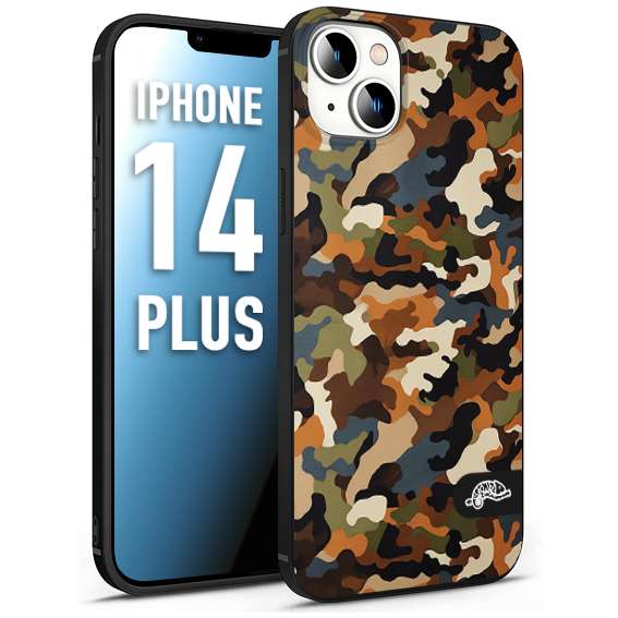 CUSTOMIZZA - Custodia cover nera morbida in tpu compatibile per iPhone 14 PLUS camouflage mimetico militare moderno blu marrone beige