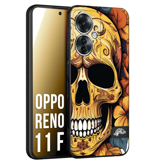 CUSTOMIZZA - Custodia cover nera morbida in tpu compatibile per Oppo Reno 11 F 5G teschio messicano colorato dorato fiori autunnali disegnato
