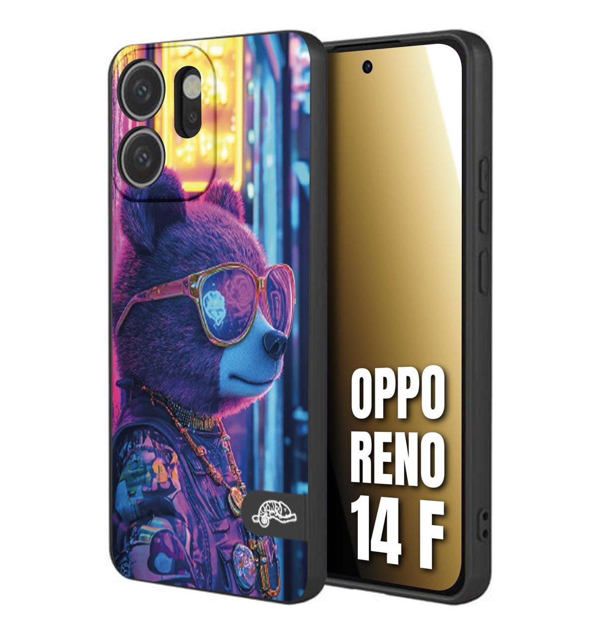 CUSTOMIZZA - Custodia cover nera morbida in tpu compatibile per Oppo Reno 14 F animali cyberpunk orsetto orso street bear fucsia blu night