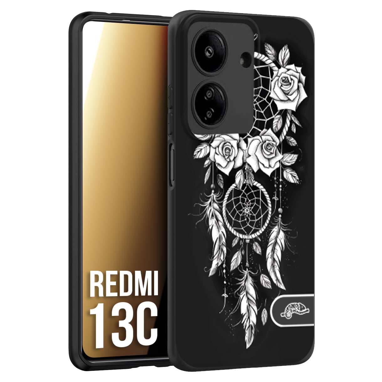 CUSTOMIZZA - Custodia cover nera morbida in tpu compatibile per Xiaomi Redmi 13C acchiappasogni dreamcatcher black and white bianco a rilievo disegnato tattoo tatuaggio