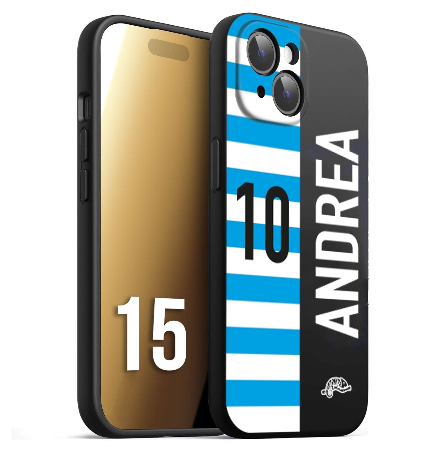 CUSTOMIZZA - Custodia cover nera morbida in tpu compatibile per iPhone 15 personalizzata calcio football nome e numero calciatori biancazzurri