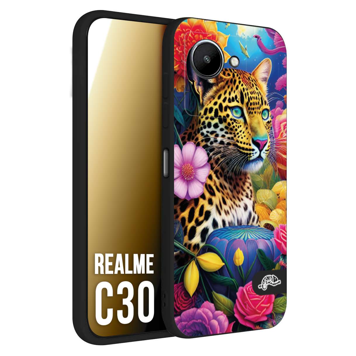 CUSTOMIZZA - Custodia cover nera morbida in tpu compatibile per Oppo Realme C30 astratti donna flower fantasia leopardo ghepardo animali colorati