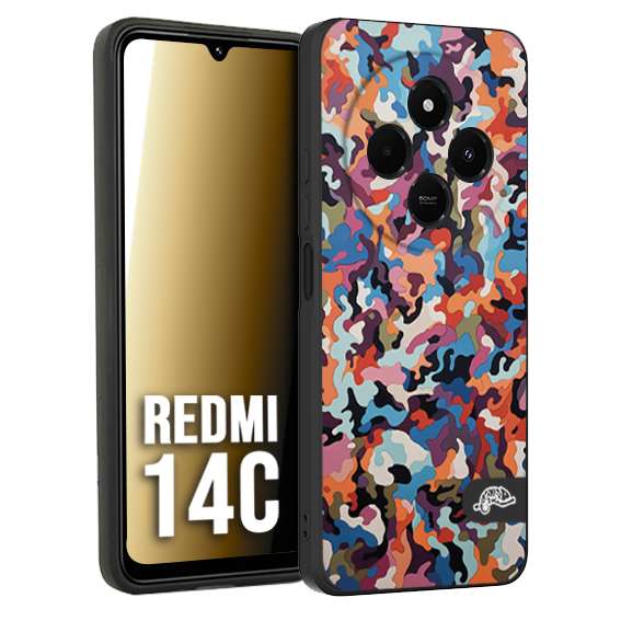 CUSTOMIZZA - Custodia cover nera morbida in tpu compatibile per Xiaomi Redmi 14C camouflage mimetico militare moderno blu arancio rosa