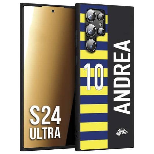 CUSTOMIZZA - Custodia cover nera morbida in tpu compatibile per Samsung S24 ULTRA personalizzata calcio football nome e numero calciatori giallo blu