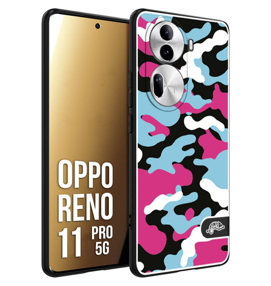 CUSTOMIZZA - Custodia cover nera morbida in tpu compatibile per Oppo Reno 11 PRO 5G camouflage mimetico militare fucsia celeste