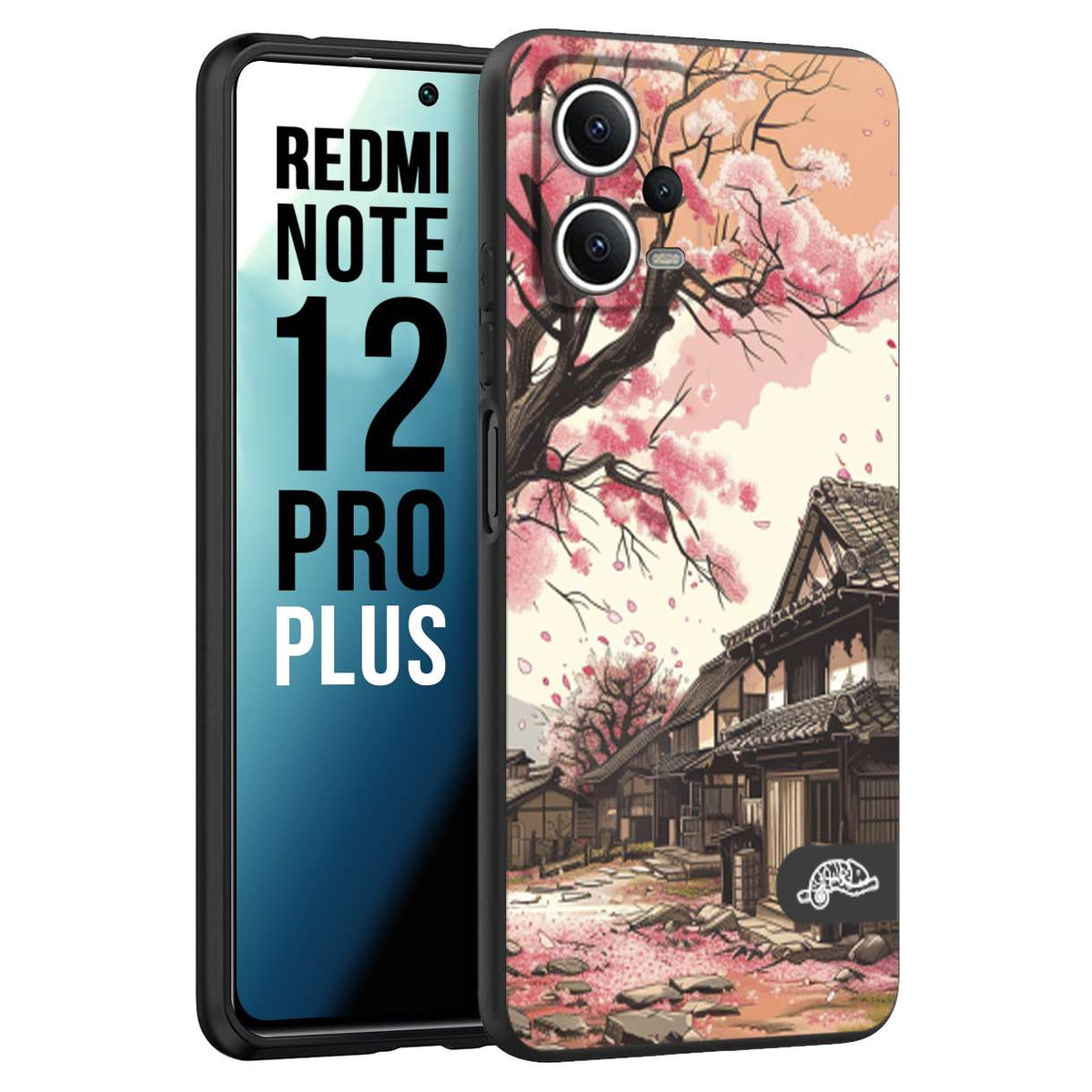 CUSTOMIZZA - Custodia cover nera morbida in tpu compatibile per Xiaomi Redmi Note 12 PRO PLUS casa giapponese rosa ciliegio in fiore disegnata tattoo