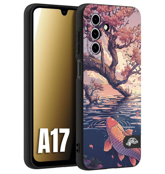 CUSTOMIZZA - Custodia cover nera morbida in tpu compatibile per Samsung A17 giapponese lago carpa koi rosa con foglie d'acero disegnata tattoo