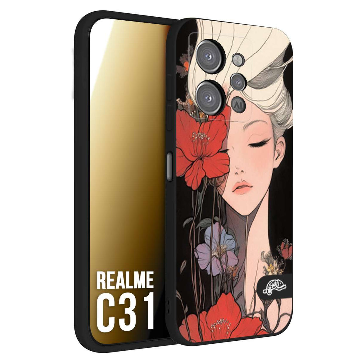 CUSTOMIZZA - Custodia cover nera morbida in tpu compatibile per Realme C31 woman flower Fantasia Floreale Design Donna e Fiori, Retro Artistico