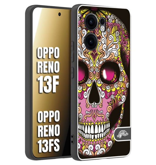 CUSTOMIZZA - Custodia cover nera morbida in tpu compatibile per Oppo Reno 13 F teschio messicano Mexican skull rosa gialla