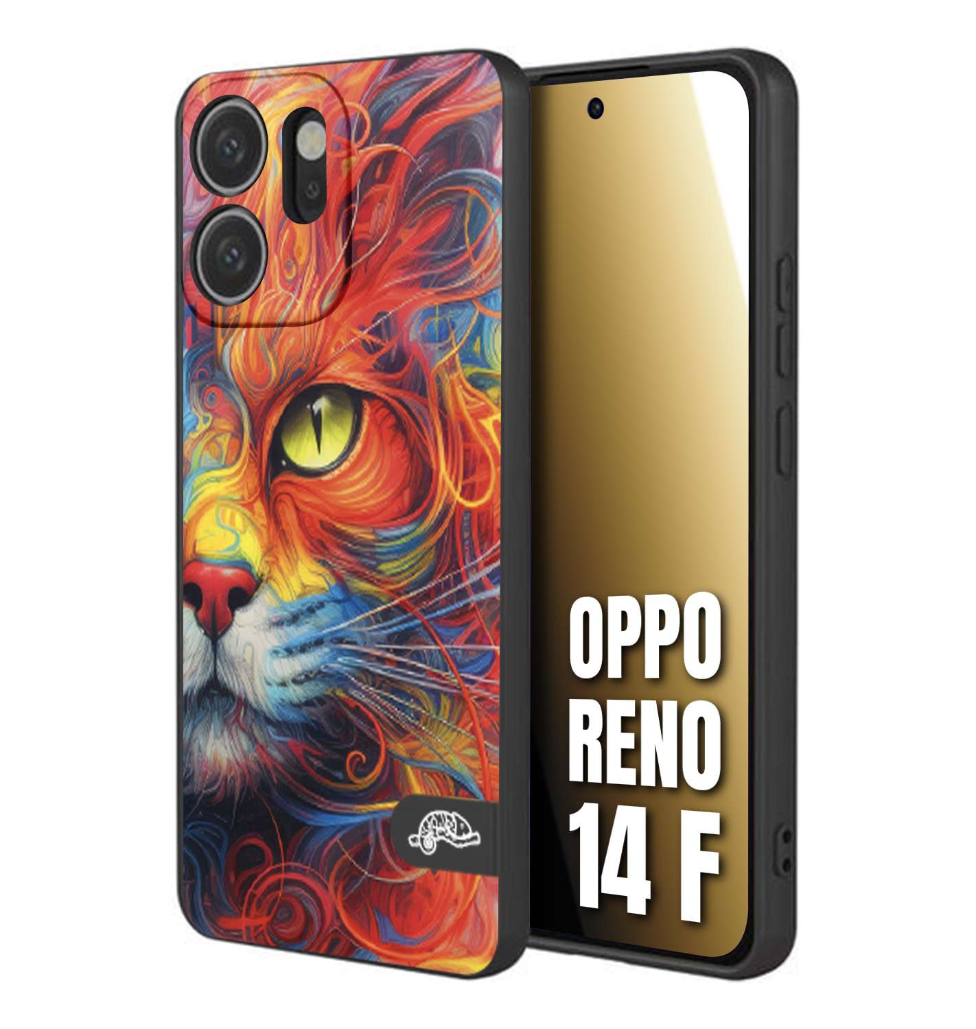 CUSTOMIZZA - Custodia cover nera morbida in tpu compatibile per Oppo Reno 14 F animali color cat gatto viso colori vibranti disegnato schizzo