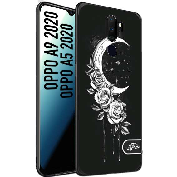 CUSTOMIZZA - Custodia cover nera morbida in tpu compatibile per Oppo A9 2020 - A5 2020 luna e fiori moon flowers black and white bianco a rilievo disegnato tattoo tatuaggio