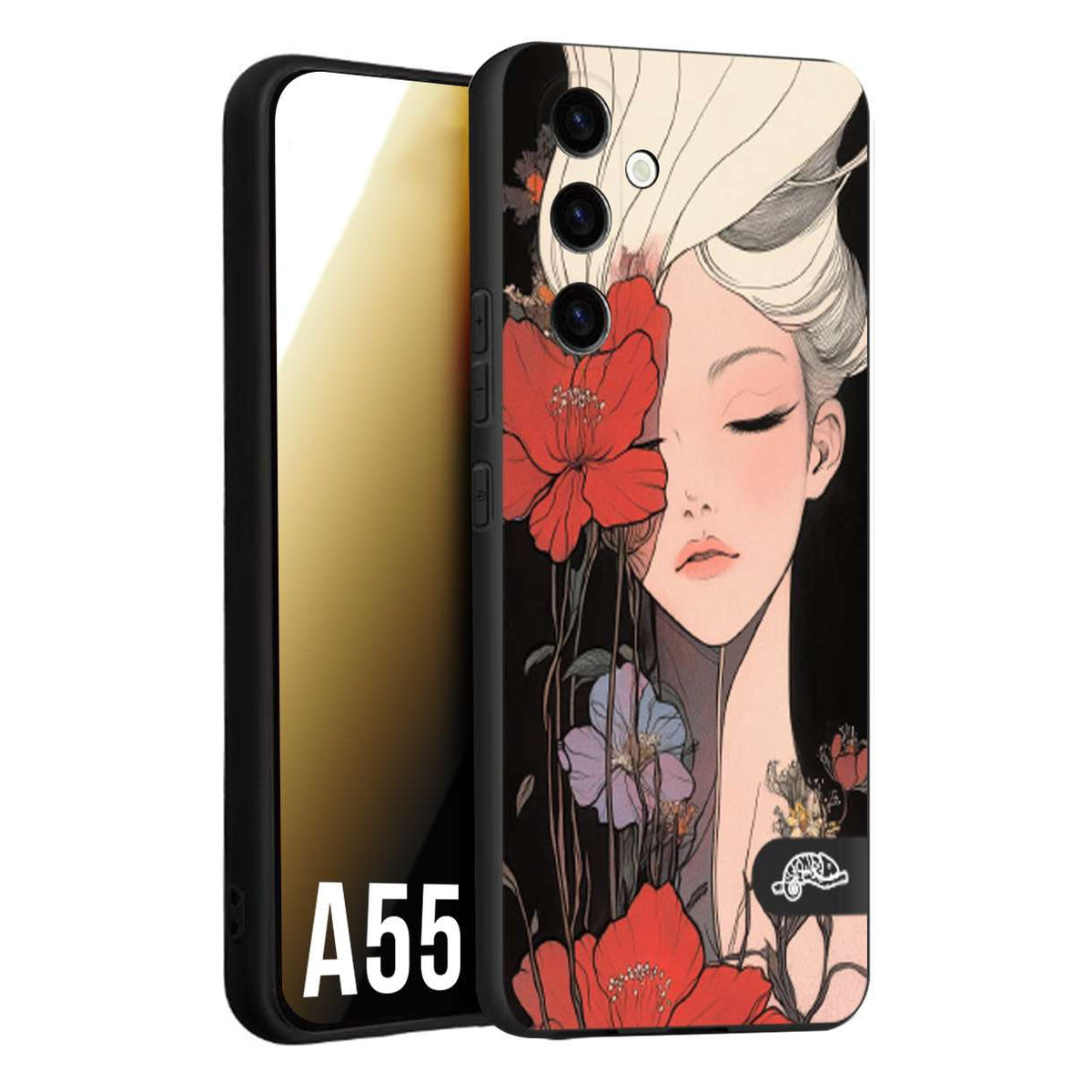 CUSTOMIZZA - Custodia cover nera morbida in tpu compatibile per Samsung A55 5G woman flower Fantasia Floreale Design Donna e Fiori, Retro Artistico