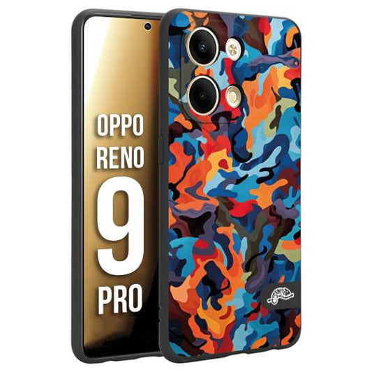 CUSTOMIZZA - Custodia cover nera morbida in tpu compatibile per Oppo Reno 9 PRO camouflage mimetico militare moderno blu arancio rosso