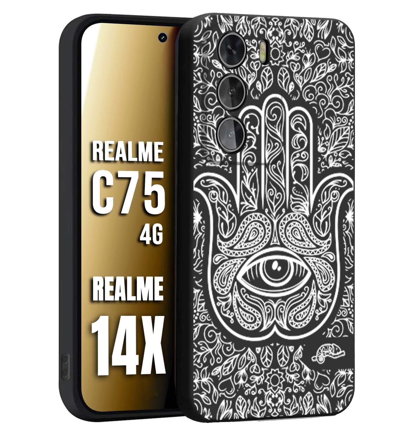 CUSTOMIZZA - Custodia cover nera morbida in tpu compatibile per Realme 14X - C75 4G mano di fatima effetto rilievo mandala donna