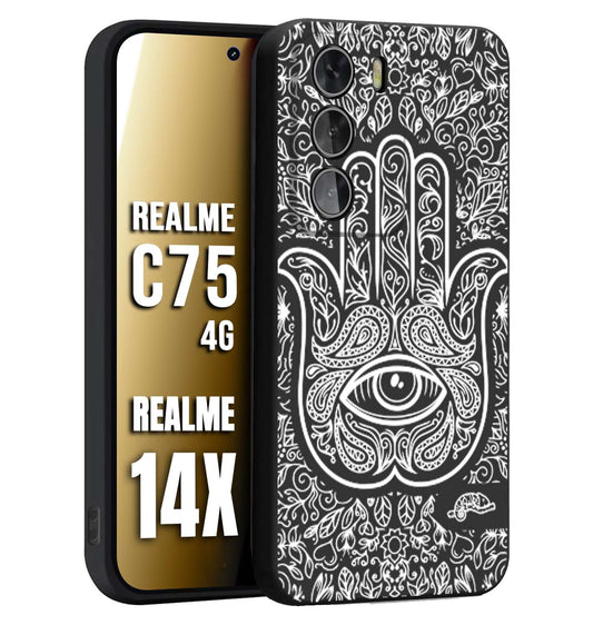 CUSTOMIZZA - Custodia cover nera morbida in tpu compatibile per Realme 14X - C75 4G mano di fatima effetto rilievo mandala donna