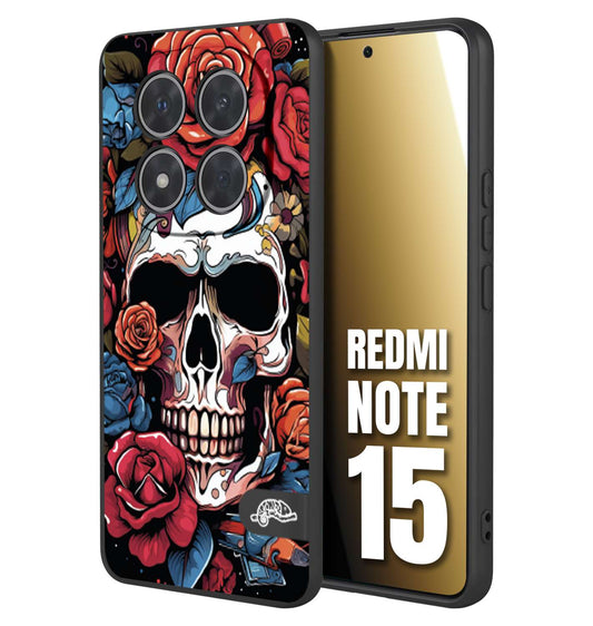 CUSTOMIZZA - Custodia cover nera morbida in tpu compatibile per Xiaomi Redmi Note 15 teschio skull flowers fiori rose rosse tattoo disegnato