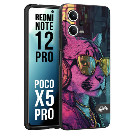 CUSTOMIZZA - Custodia cover nera morbida in tpu compatibile per Xiaomi Redmi Note 12 PRO - POCO X5 PRO animali cyberpunk pantera street cat fucsia blu giallo