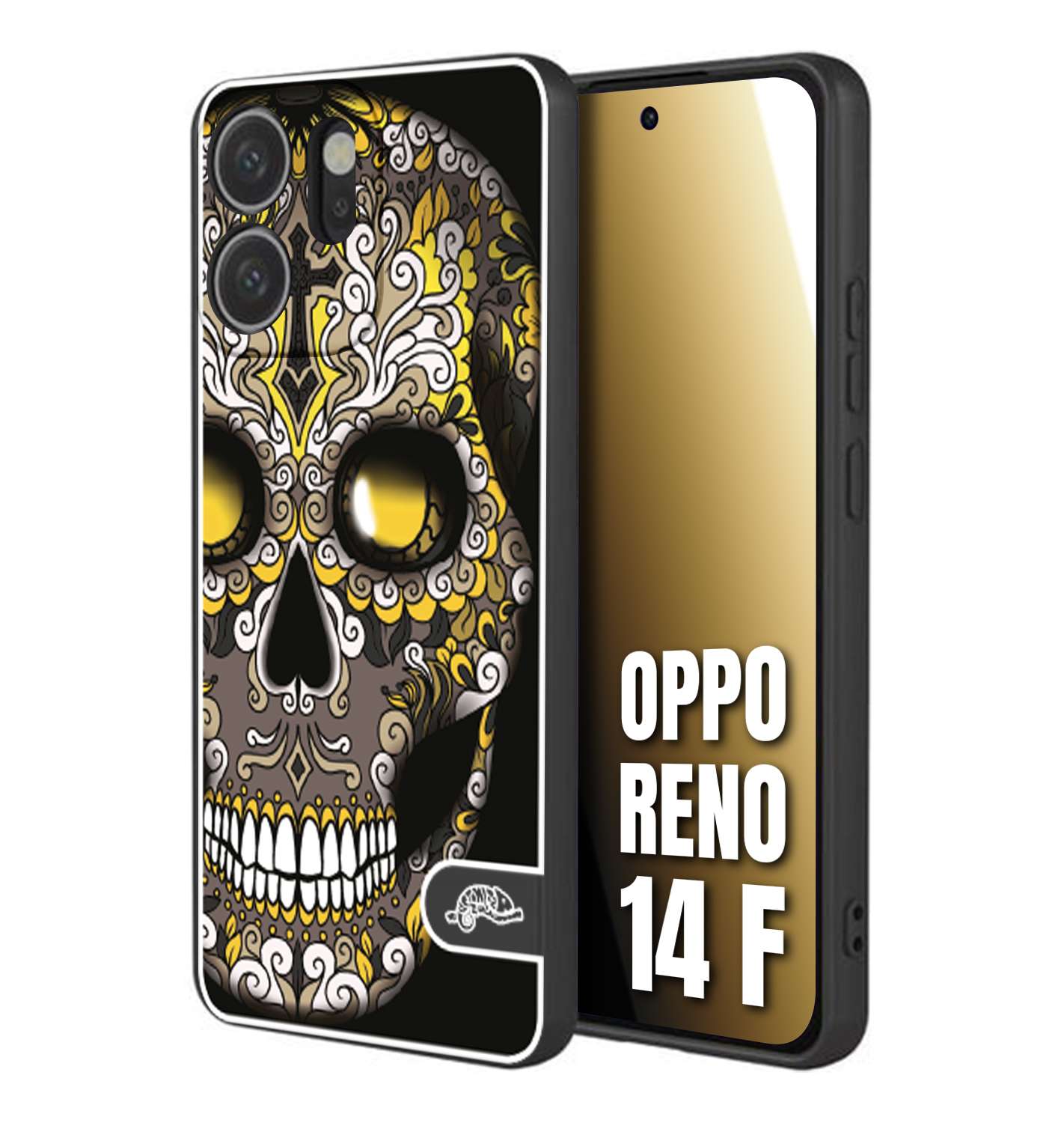 CUSTOMIZZA - Custodia cover nera morbida in tpu compatibile per Oppo Reno 14 F teschio messicano Mexican skull nero giallo