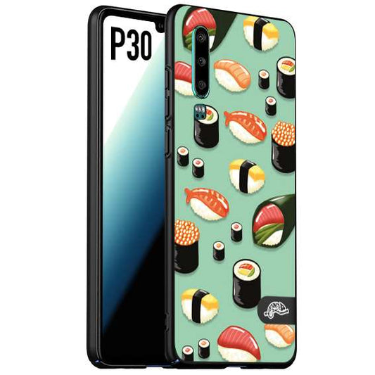 CUSTOMIZZA - Custodia cover nera morbida in tpu compatibile per Huawei P30 sushi disegni giapponese nighiri acquamarina verde