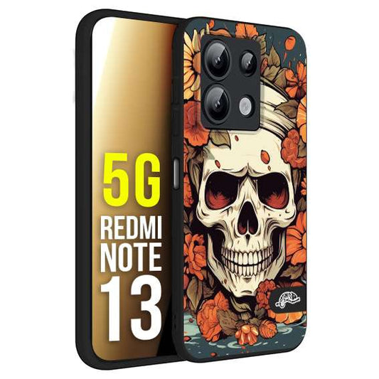 CUSTOMIZZA - Custodia cover nera morbida in tpu compatibile per Xiaomi Redmi Note 13 5G teschio skull flowers fiori tattoo disegnato alta definizione