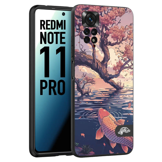 CUSTOMIZZA - Custodia cover nera morbida in tpu compatibile per Xiaomi Redmi Note 11 PRO giapponese lago carpa koi rosa con foglie d'acero disegnata tattoo