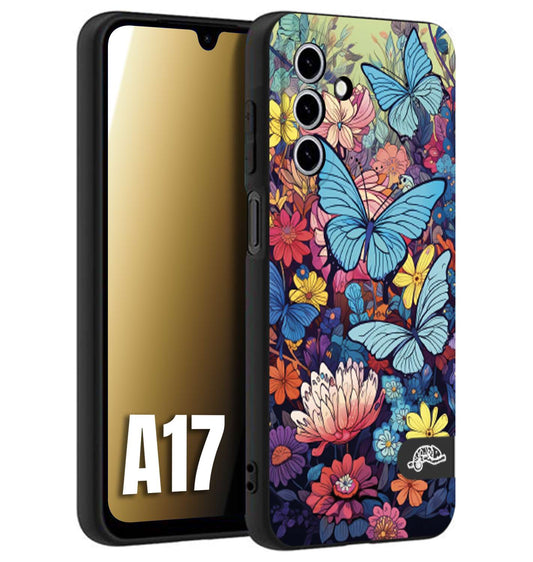 CUSTOMIZZA - Custodia cover nera morbida in tpu compatibile per Samsung A17 farfalle butterfly moderno donna disegnate gialla blu rosa