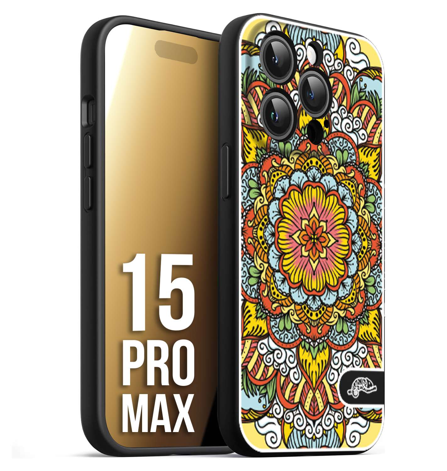 CUSTOMIZZA - Custodia cover nera morbida in tpu compatibile per iPhone 15 PRO MAX mandala colorato fiore nuvole arancione