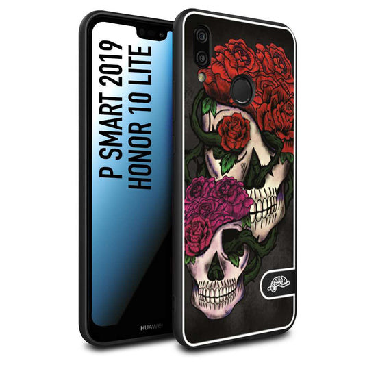 CUSTOMIZZA - Custodia cover nera morbida in tpu compatibile per Huawei P SMART 2019 teschi e rose rosse fucsia skull and roses