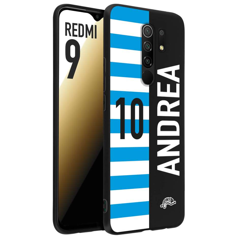 CUSTOMIZZA - Custodia cover nera morbida in tpu compatibile per Xiaomi Redmi 9 personalizzata calcio football nome e numero calciatori biancazzurri