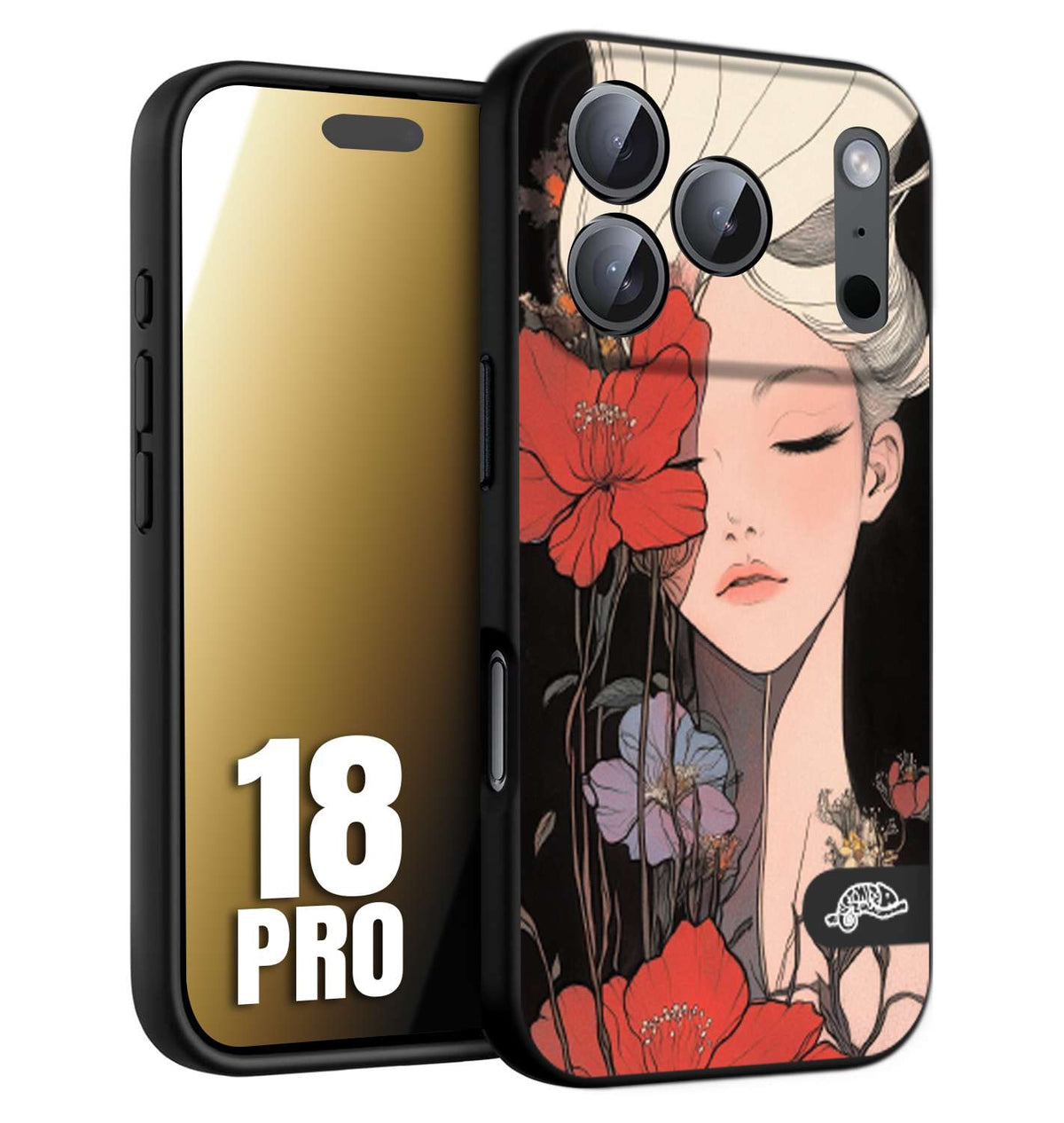 CUSTOMIZZA - Custodia cover nera morbida in tpu compatibile per iPhone 18 PRO woman flower Fantasia Floreale Design Donna e Fiori, Retro Artistico