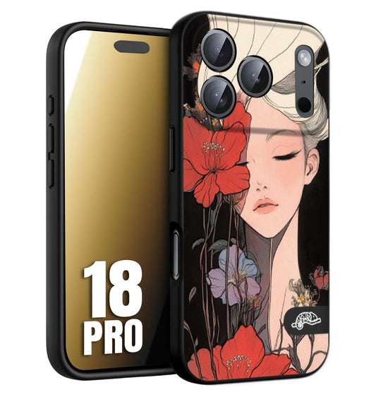 CUSTOMIZZA - Custodia cover nera morbida in tpu compatibile per iPhone 18 PRO woman flower Fantasia Floreale Design Donna e Fiori, Retro Artistico