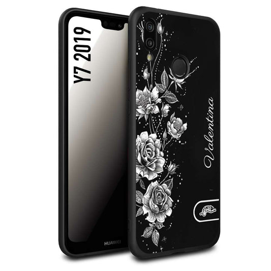 CUSTOMIZZA - Custodia cover nera morbida in tpu compatibile per Huawei Y7 2019 a rilievo soft touch personalizzata nome rose fiori donna