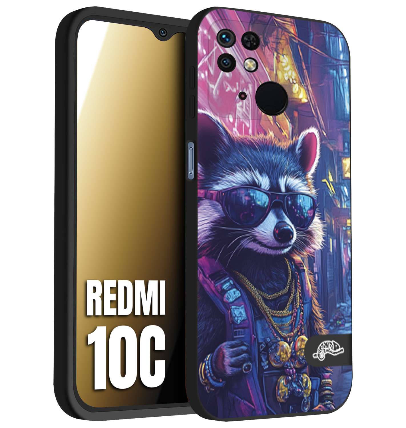 CUSTOMIZZA - Custodia cover nera morbida in tpu compatibile per Xiaomi Redmi 10C animali simpatici cyberpunk procione racoon street cat fucsia blu giallo