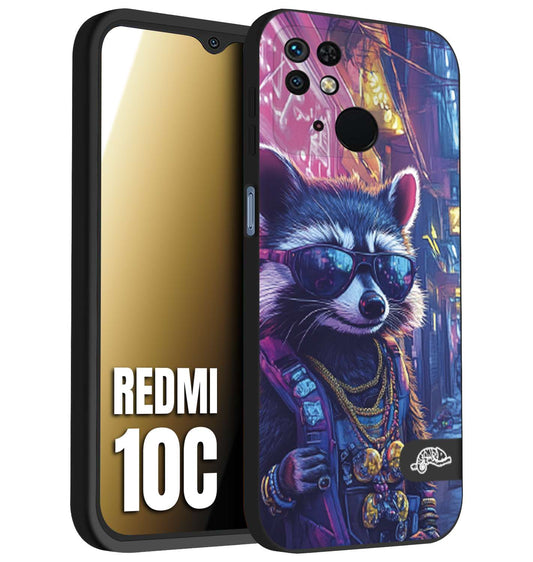 CUSTOMIZZA - Custodia cover nera morbida in tpu compatibile per Xiaomi Redmi 10C animali simpatici cyberpunk procione racoon street cat fucsia blu giallo