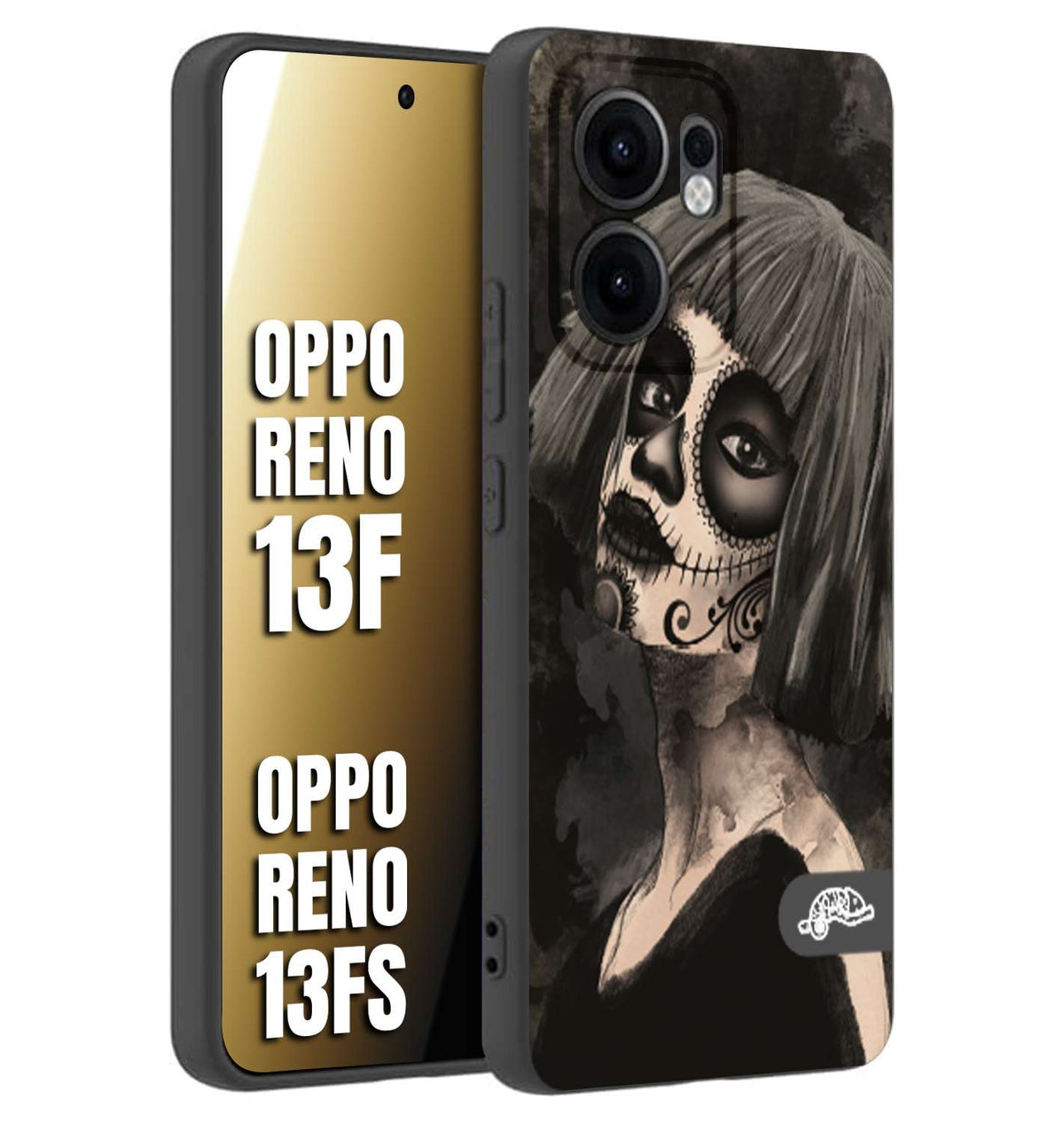CUSTOMIZZA - Custodia cover nera morbida in tpu compatibile per Oppo Reno 13 F chicana messicana dea de la muerte donna santa tattoo disegnata